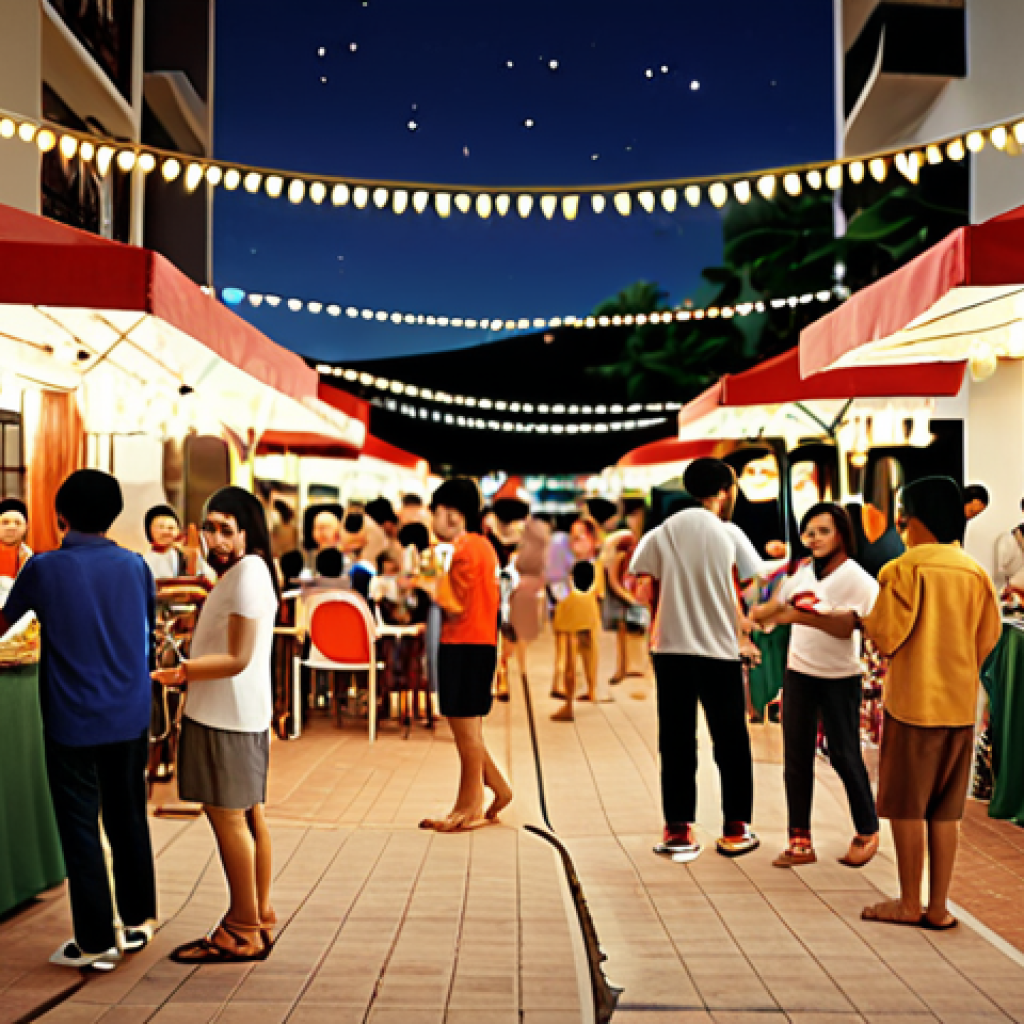 **Prompt:** Community event, Thai apartment complex, residents socializing at a New Year party, string lights, food stalls, friendly atmosphere, creating a sense of community. Style: Warm, inviting, realistic.