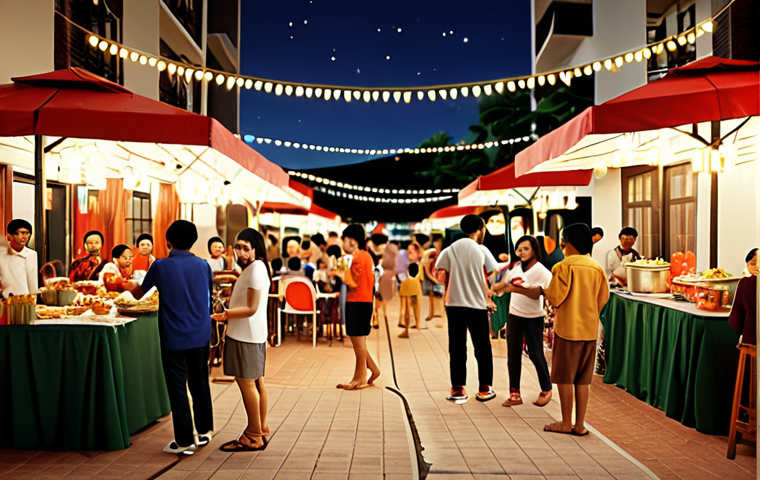**Prompt:** Community event, Thai apartment complex, residents socializing at a New Year party, string lights, food stalls, friendly atmosphere, creating a sense of community. Style: Warm, inviting, realistic.