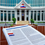 **

Prompt: Transparent glass government building, people looking in, documents visible inside, scales of justice, Thai flag, emphasizing accountability and trust. Focus on the concept of "kwam proong sai" (transparency).

**