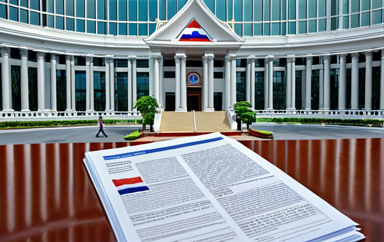 **

Prompt: Transparent glass government building, people looking in, documents visible inside, scales of justice, Thai flag, emphasizing accountability and trust. Focus on the concept of "kwam proong sai" (transparency).

**