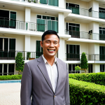 **

"A modern condominium building in Bangkok with lush landscaping. A confident property manager (male or female) in professional attire smiles and interacts with residents in a friendly manner. Soft, warm lighting. Emphasis on community and well-being."

**