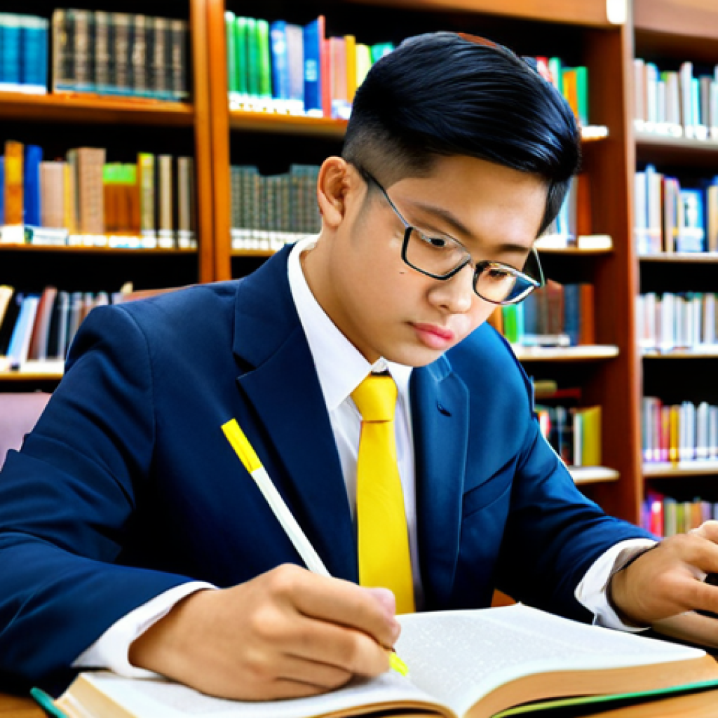 Focused Law Student**

A diligent student, fully clothed in smart casual attire appropriate for a library, is studying Thai law books at a wooden desk in a bright, modern library. The student is concentrating intensely, with a highlighter in hand. Books are stacked neatly around them. Safe for work, appropriate content, perfect anatomy, natural proportions, family-friendly study scene, well-formed hands, proper finger count. High-quality, professional illustration.

**