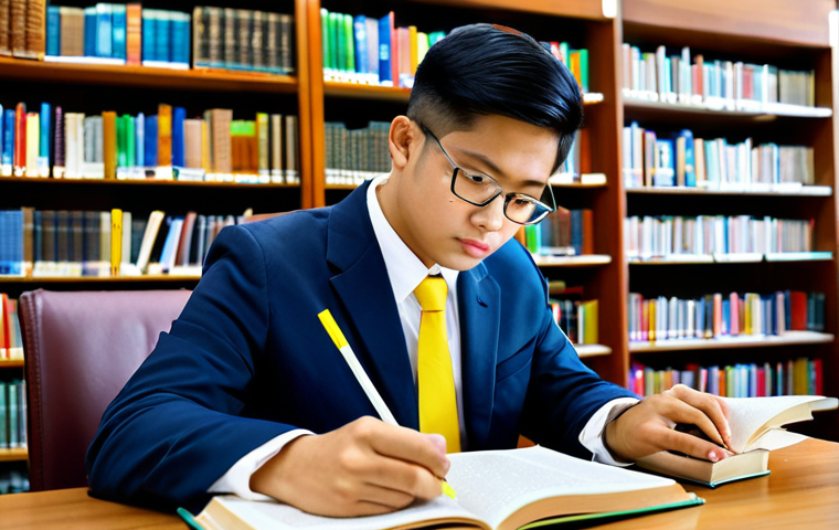 Focused Law Student**
A diligent student, fully clothed in smart casual attire appropriate for a library, is studying Thai law books at a wooden desk in a bright, modern library. The student is concentrating intensely, with a highlighter in hand. Books are stacked neatly around them. Safe for work, appropriate content, perfect anatomy, natural proportions, family-friendly study scene, well-formed hands, proper finger count. High-quality, professional illustration.
**