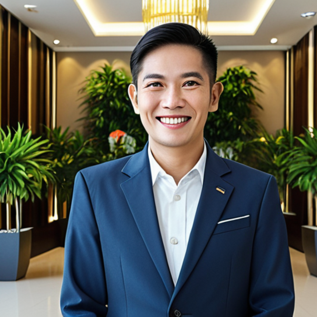 **

"A professional property manager in Thailand, fully clothed in a modest business attire, smiling confidently in a modern condominium lobby, surrounded by well-maintained plants and contemporary Thai art. Safe for work, appropriate content, perfect anatomy, natural proportions, professional photography, family-friendly."

**