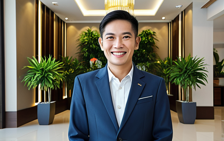 **
"A professional property manager in Thailand, fully clothed in a modest business attire, smiling confidently in a modern condominium lobby, surrounded by well-maintained plants and contemporary Thai art. Safe for work, appropriate content, perfect anatomy, natural proportions, professional photography, family-friendly."
**