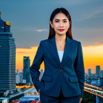 **

A Thai businesswoman in a modest, stylish business suit, standing in front of the Bangkok skyline at sunset, fully clothed, appropriate attire, safe for work, perfect anatomy, natural proportions, professional photograph, high quality, family-friendly.

**