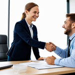 "A professional property manager in a modern office, fully clothed in appropriate business attire, shaking hands with a smiling tenant. The office is clean and well-lit, with documents and a computer on the desk. Focus on building trust and a positive relationship. Safe for work, appropriate content, modest, professional image, perfect anatomy, natural proportions."