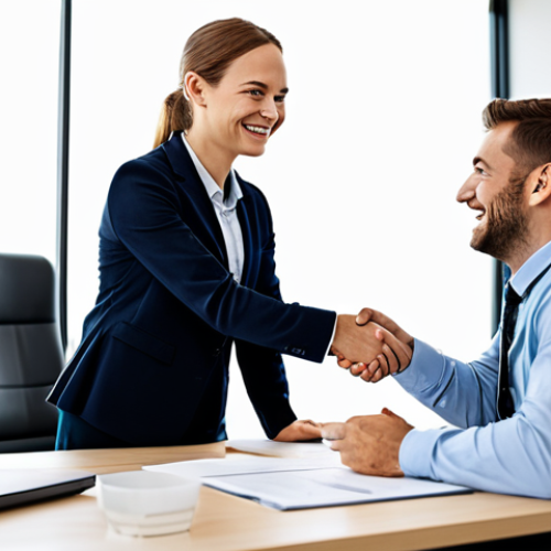 Home 20 "A professional property manager in a modern office, fully clothed in appropriate business attire, shaking hands with a smiling tenant. The office is clean and well-lit, with documents and a computer on the desk. Focus on building trust and a positive relationship. Safe for work, appropriate content, modest, professional image, perfect anatomy, natural proportions."
