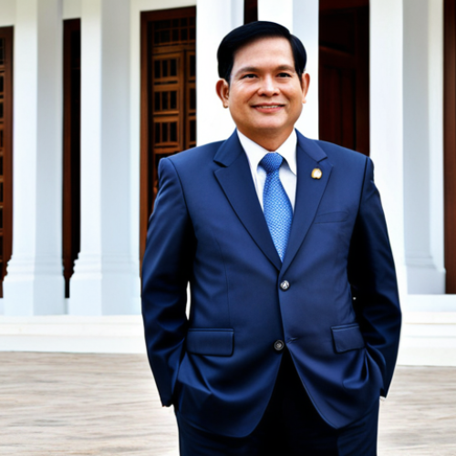 Home 19 Thai Government Official**
A distinguished Thai government official, fully clothed in a respectful and traditional Thai formal attire, standing in front of the Thai Government House (ทำเนียบรัฐบาล). The setting is a bright, sunny day. The image should convey competence and integrity. Safe for work, appropriate content, professional, modest, perfect anatomy, correct proportions, natural pose, high quality.
**