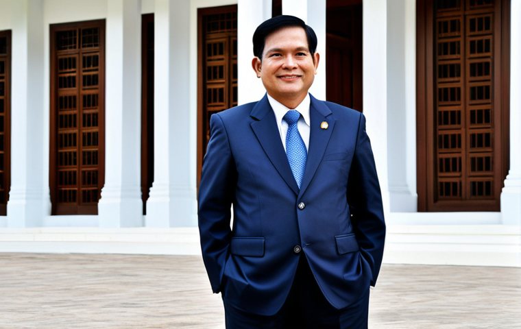 Thai Government Official**

A distinguished Thai government official, fully clothed in a respectful and traditional Thai formal attire, standing in front of the Thai Government House (ทำเนียบรัฐบาล). The setting is a bright, sunny day. The image should convey competence and integrity. Safe for work, appropriate content, professional, modest, perfect anatomy, correct proportions, natural pose, high quality.

**