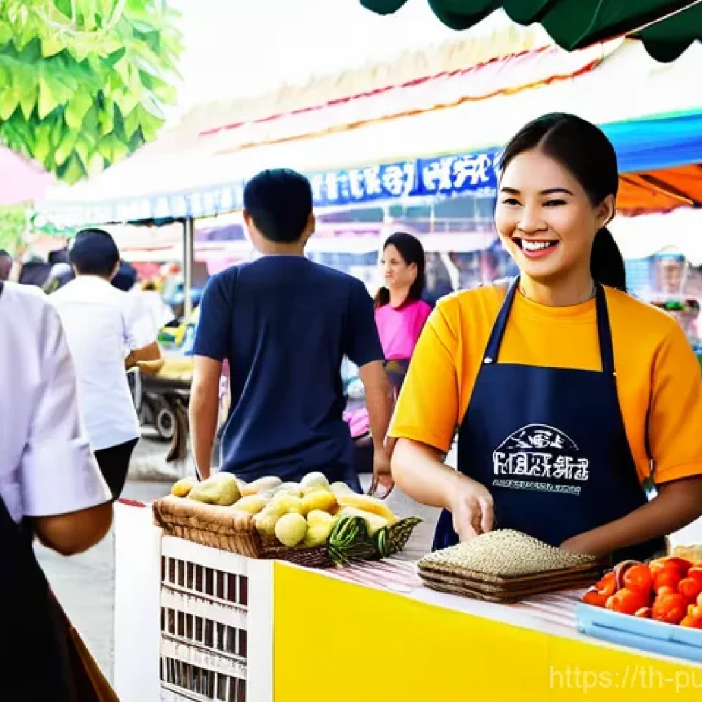 공공관리사와 관련된 산업 동향 - **Prompt:** A vibrant and bustling Thai fresh market ("talad nat") scene. In the foreground, a frien...