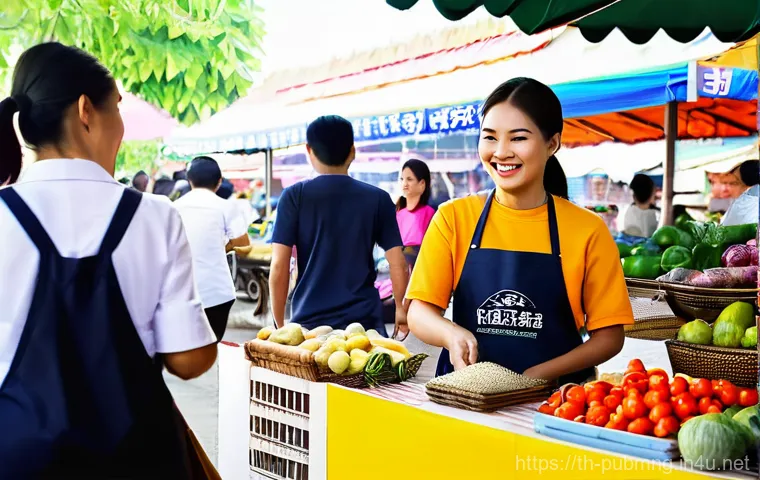 공공관리사와 관련된 산업 동향 - **Prompt:** A vibrant and bustling Thai fresh market ("talad nat") scene. In the foreground, a frien...