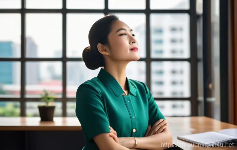 공공관리사 직무 스트레스를 해소하는 방법 - A serene portrait of a Thai government official (female, 30s-40s, wearing a neatly pressed, modest u...