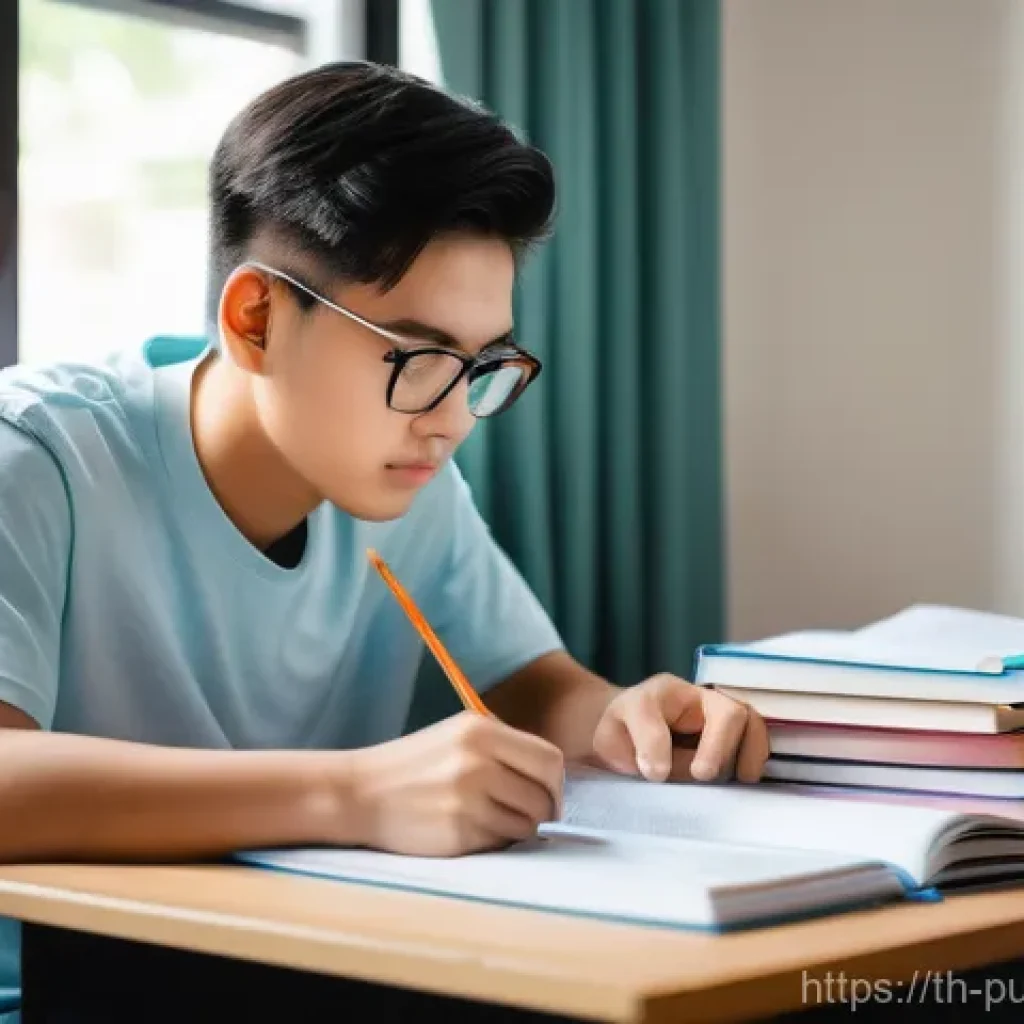 공공관리사 필기시험 준비 과정 공유 - A focused young Thai student, in their early twenties, diligently studying for the "Kor Por" civil s...