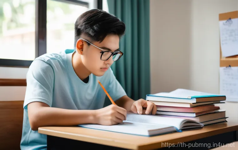 공공관리사 필기시험 준비 과정 공유 - A focused young Thai student, in their early twenties, diligently studying for the "Kor Por" civil s...