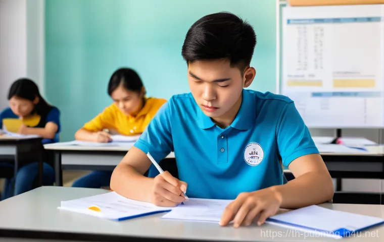 공공관리사 필기시험 준비 과정 공유 - A focused young Thai student, in their early twenties, diligently studying for the "Kor Por" civil s...