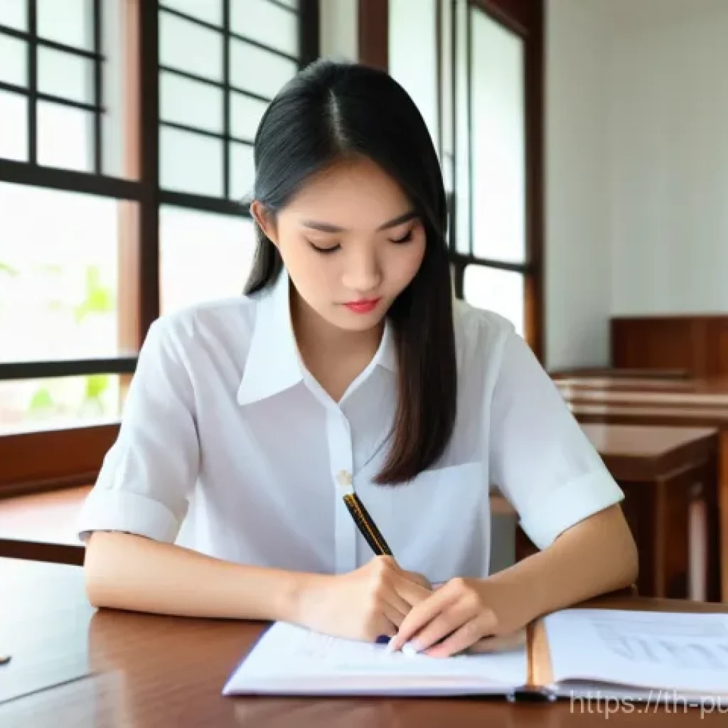 공공관리사 시험 후 결과 분석과 향후 계획 - **Image Prompt: Post-Exam Reflection and Strategic Planning**
"A thoughtful young Thai woman in ...