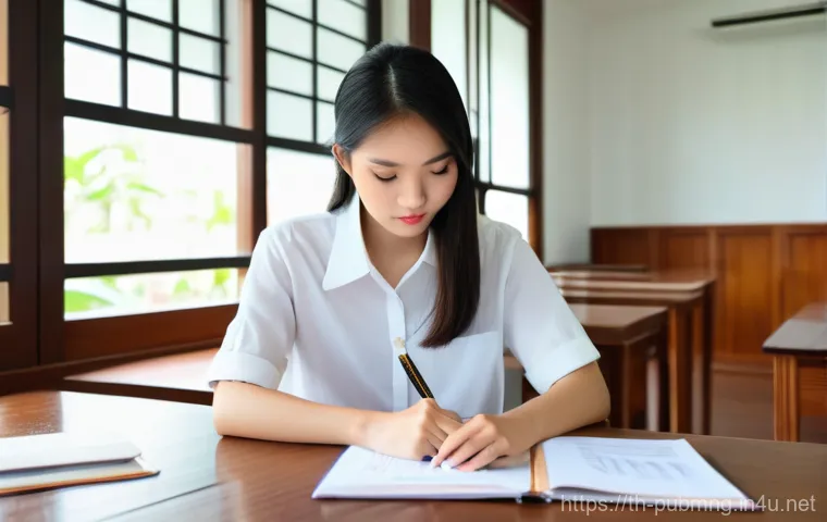 공공관리사 시험 후 결과 분석과 향후 계획 - **Image Prompt: Post-Exam Reflection and Strategic Planning**
    "A thoughtful young Thai woman in ...