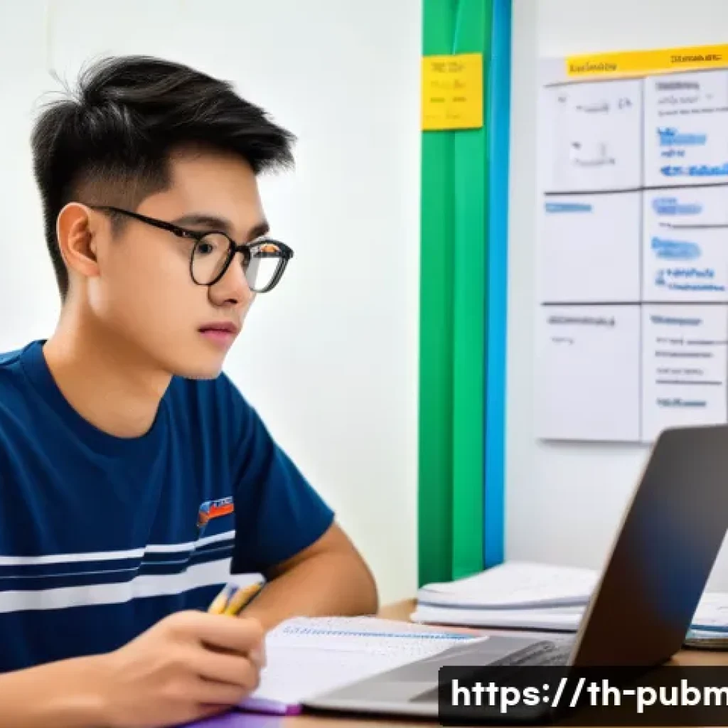 공공관리사 시험 준비 중 겪는 어려움과 해결책 - A determined young Thai student, in their mid-20s, sits at a brightly lit, organized study desk. On ...