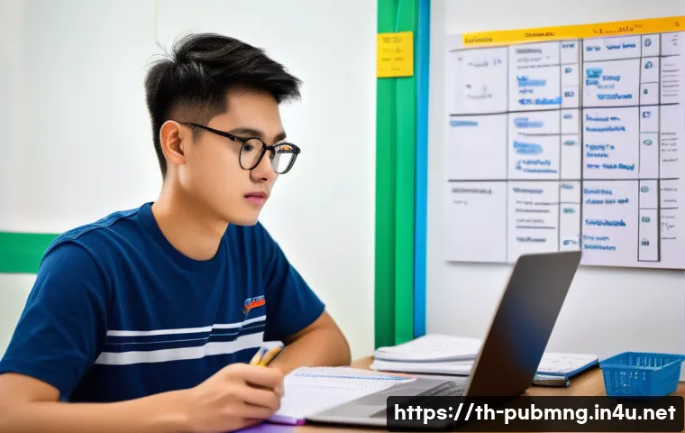 공공관리사 시험 준비 중 겪는 어려움과 해결책 - A determined young Thai student, in their mid-20s, sits at a brightly lit, organized study desk. On ...