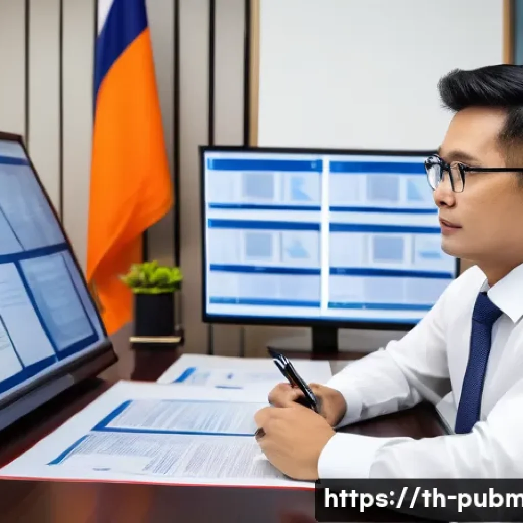 공공관리사 이직 성공 사례 - A professional Thai government office scene showing a confident mid-career public administration man...