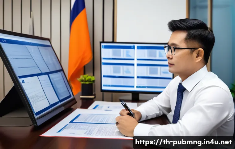 공공관리사 이직 성공 사례 - A professional Thai government office scene showing a confident mid-career public administration man...