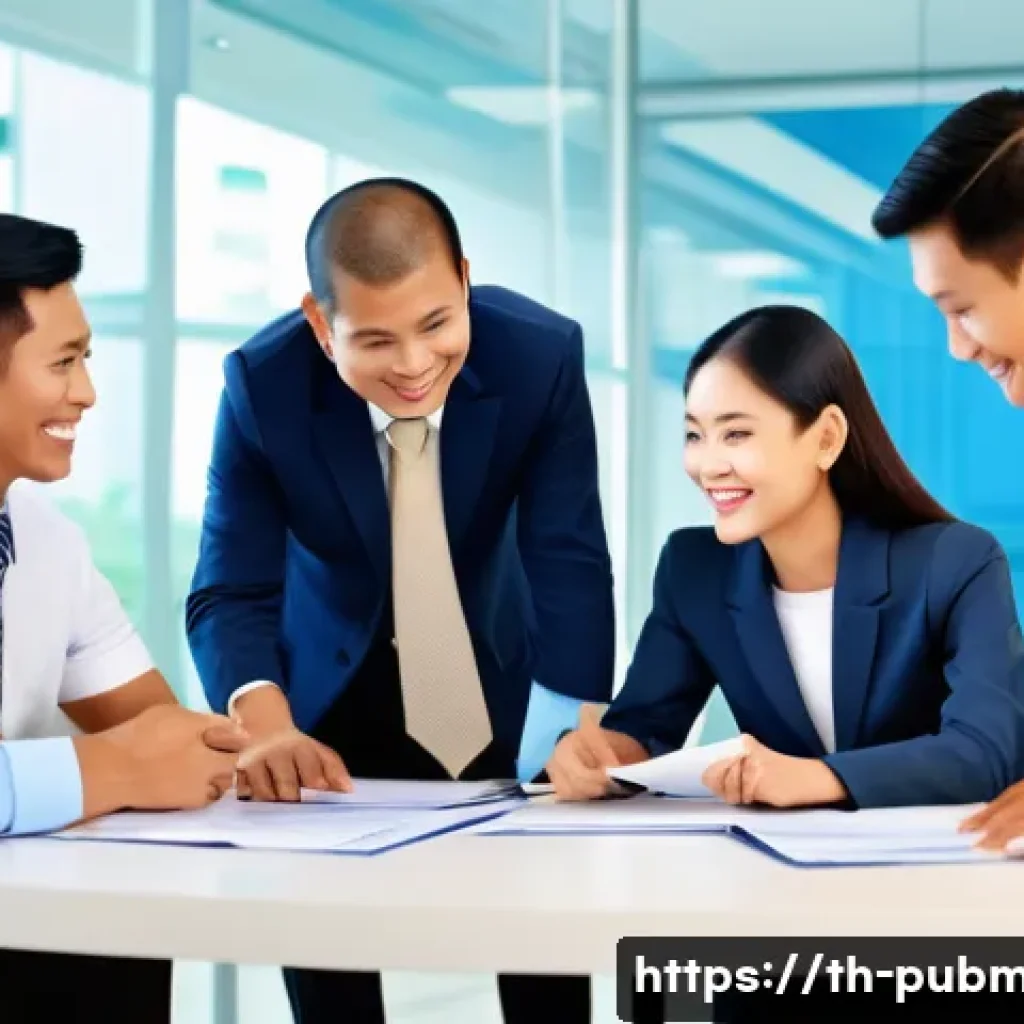 공공관리사 취업 후 첫 직장 선택의 중요성 - A modern Thai government office environment showing a diverse group of civil servants in professiona...