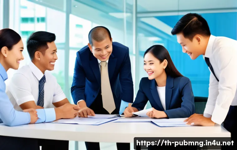 공공관리사 취업 후 첫 직장 선택의 중요성 - A modern Thai government office environment showing a diverse group of civil servants in professiona...