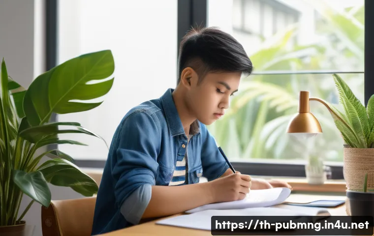 공공관리사 시험 준비를 위한 추천 강의와 자료 - A focused young Thai student studying at a tidy desk in a bright, well-lit room with natural sunligh...