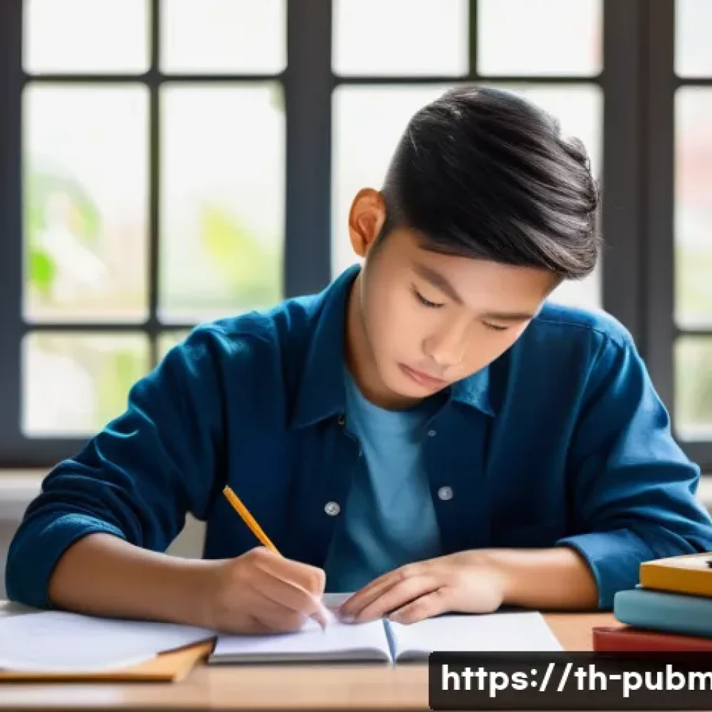 공공관리사 실기시험 합격 전략 - A focused young Thai student studying diligently at a tidy desk filled with colorful study materials...
