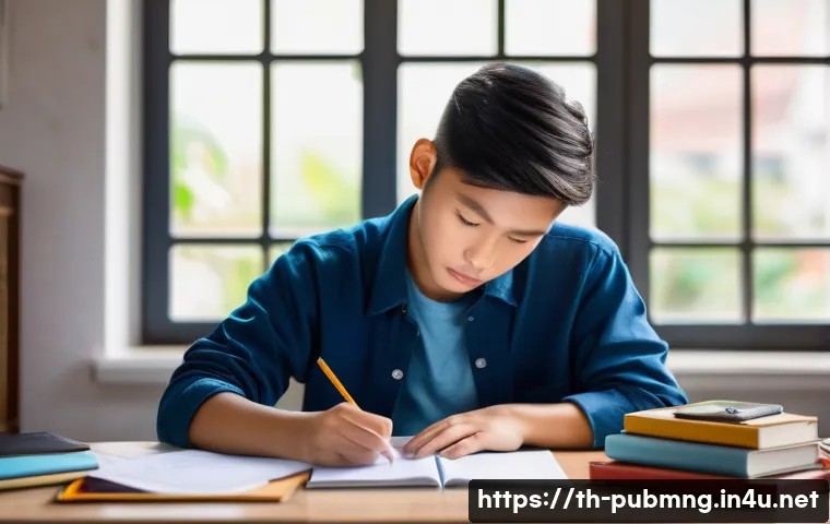 공공관리사 실기시험 합격 전략 - A focused young Thai student studying diligently at a tidy desk filled with colorful study materials...