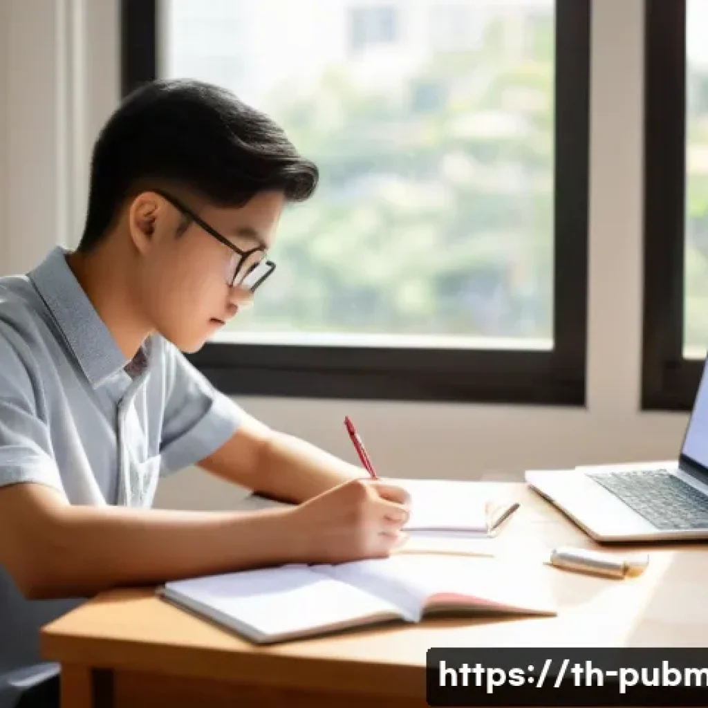 공공관리사 필기시험 대비를 위한 시간 관리 전략 - A focused Thai student studying at a modern desk in a bright room, surrounded by neatly organized te...