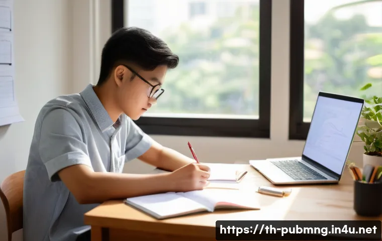 공공관리사 필기시험 대비를 위한 시간 관리 전략 - A focused Thai student studying at a modern desk in a bright room, surrounded by neatly organized te...