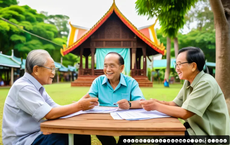 공공관리사 실무 경험을 활용한 블로그 운영 사례 - A vibrant community workshop scene in a public park in Thailand, showing diverse Thai adults and eld...