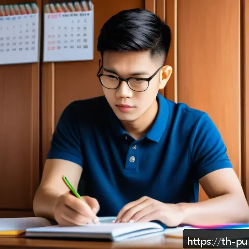 공공관리사 시험 준비를 위한 유용한 웹사이트 - A focused young Thai adult studying diligently at a wooden desk in a cozy, well-lit room decorated w...