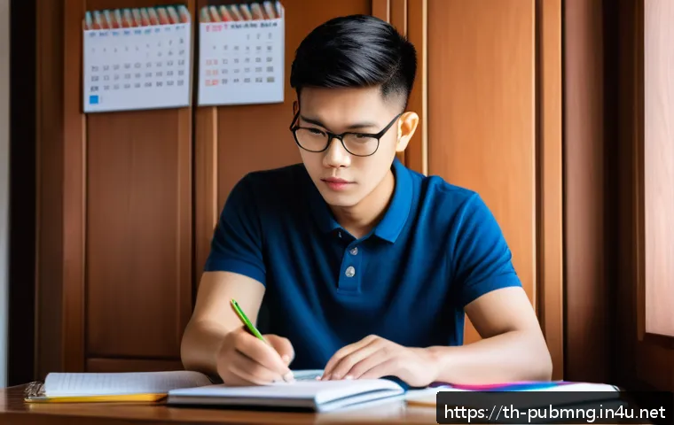 공공관리사 시험 준비를 위한 유용한 웹사이트 - A focused young Thai adult studying diligently at a wooden desk in a cozy, well-lit room decorated w...