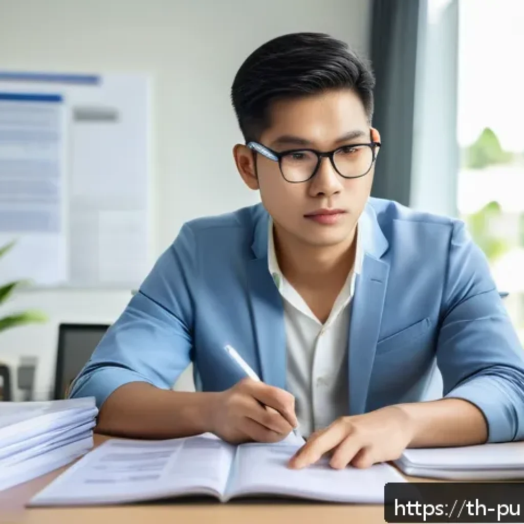 공공관리사 자격증 취득 전 알아야 할 점 - A focused young Thai public sector manager studying in a modern home office, surrounded by neatly ar...