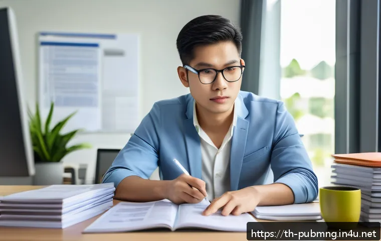 공공관리사 자격증 취득 전 알아야 할 점 - A focused young Thai public sector manager studying in a modern home office, surrounded by neatly ar...