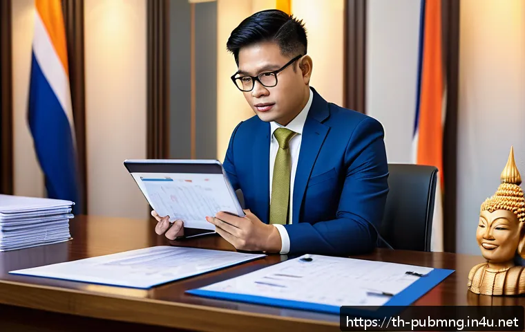 공공관리사와 유사 직업 비교 - A professional public manager in a modern Thai government office, wearing formal business attire, at...