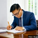 Home 19 공공관리사 자격증 관련 자주 묻는 질문 - A focused Thai public manager candidate studying diligently at a wooden desk in a bright room decora...