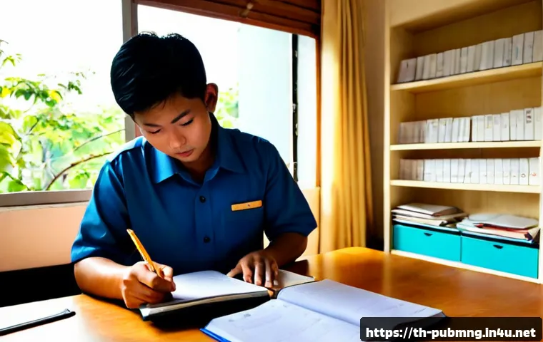 공공관리사 필기시험 합격을 위한 학습 전략 - Photorealistic Thai civil service exam candidate studying at a tidy wooden desk in a bright Bangkok ...