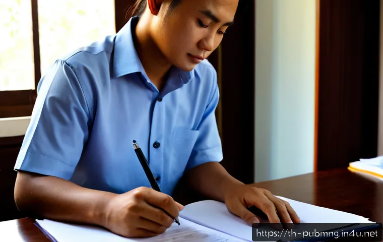 Home 17 공공관리사 필기시험 합격 전략 - Photorealistic Thai civil service exam preparation scene, focused adult candidate in neat business-c...